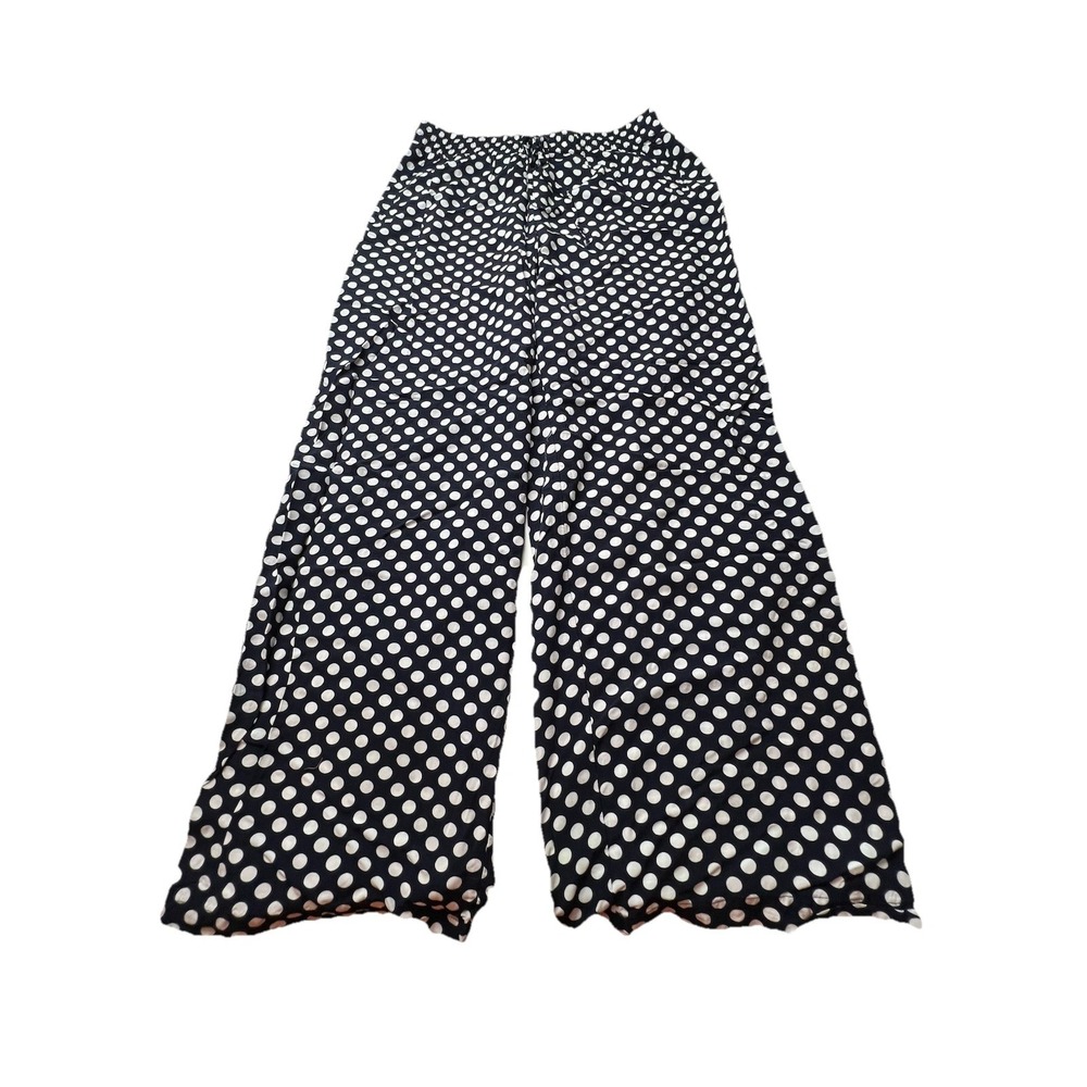 Crown & Ivy Women's Small Flowy Wide Leg Rayon Pants Blue White Dot Print Casual